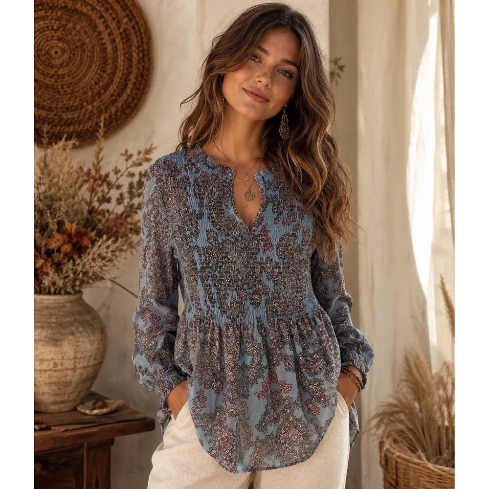 Akemi + Kin Blue Paisley Smocked Peasant Blouse Boho Cottagecore Size XS